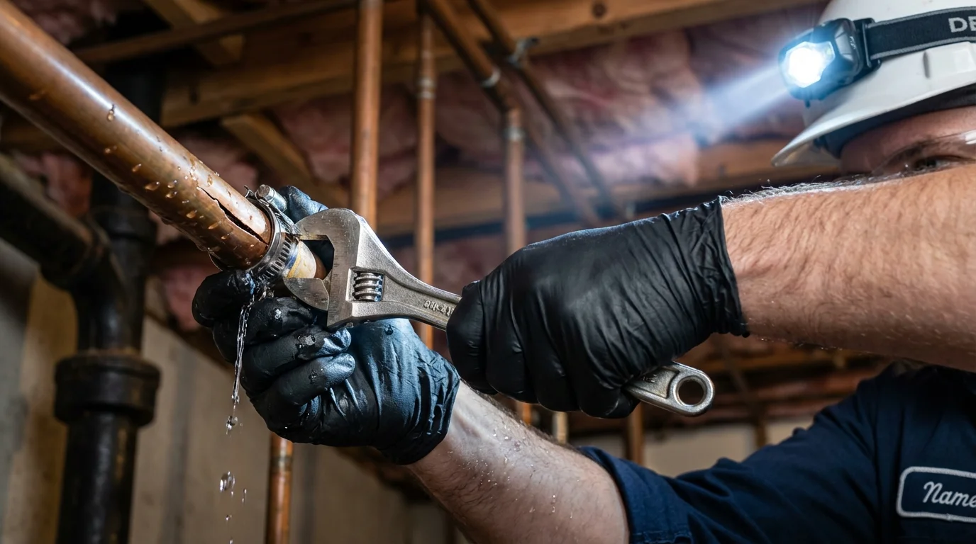 Emergency pipe clamp repair being performed by a Johns Plumbing LLC plumber in Lyford