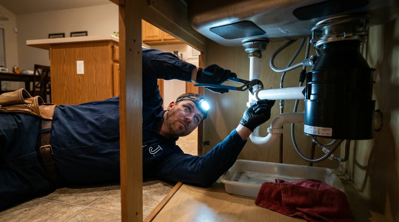 P-trap and supply line connections under a kitchen sink showing a common leak point in Lyford, TX